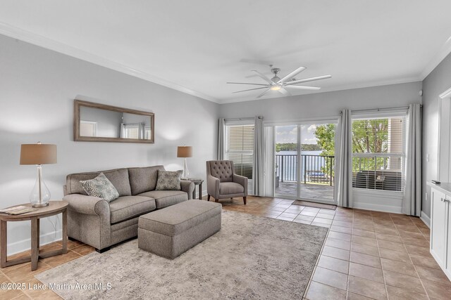 230 Crowne Pointe Rd Unit 104, Dadeville, AL 36853 - living area with light tile patterned floors, ceiling fan, crown molding, and a water view