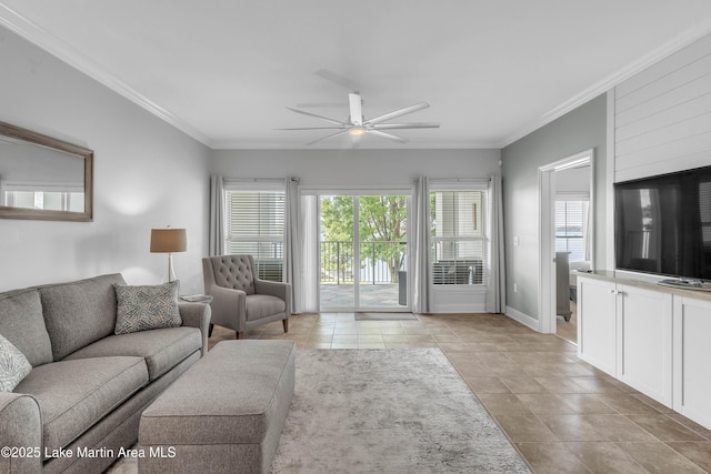 230 Crowne Pointe Rd Unit 104, Dadeville, AL 36853 - living room featuring ceiling fan, crown molding, baseboards, and light tile patterned floors