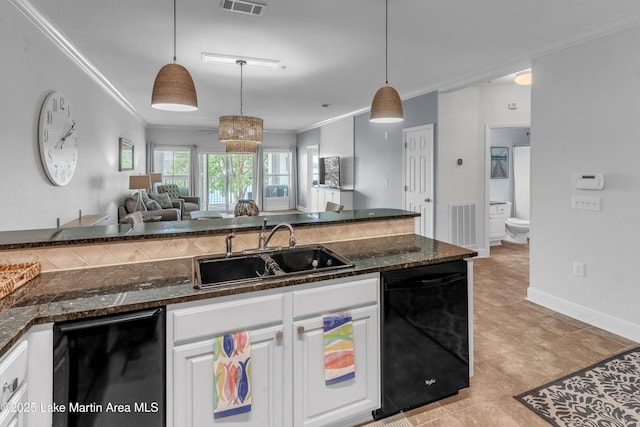230 Crowne Pointe Rd Unit 104, Dadeville, AL 36853 - kitchen with a sink, dishwasher, crown molding, open floor plan, and white cabinetry
