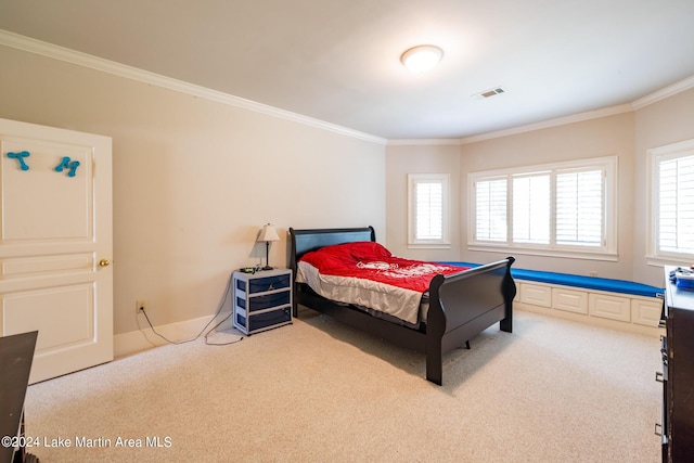 bedroom featuring light carpet and crown molding