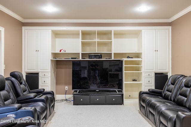 living room with crown molding and light colored carpet