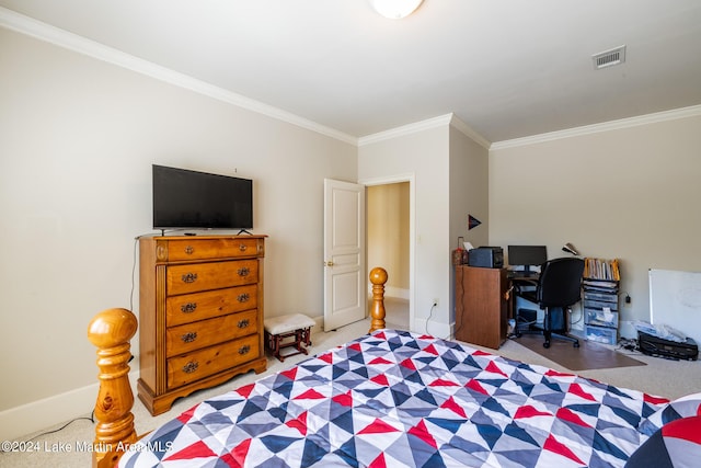 bedroom with light colored carpet and ornamental molding