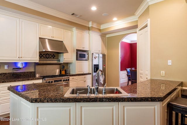 kitchen with white cabinets, crown molding, sink, appliances with stainless steel finishes, and kitchen peninsula