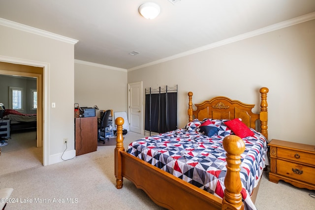 bedroom with light carpet and ornamental molding