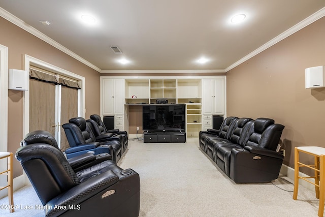 living room with carpet flooring and crown molding