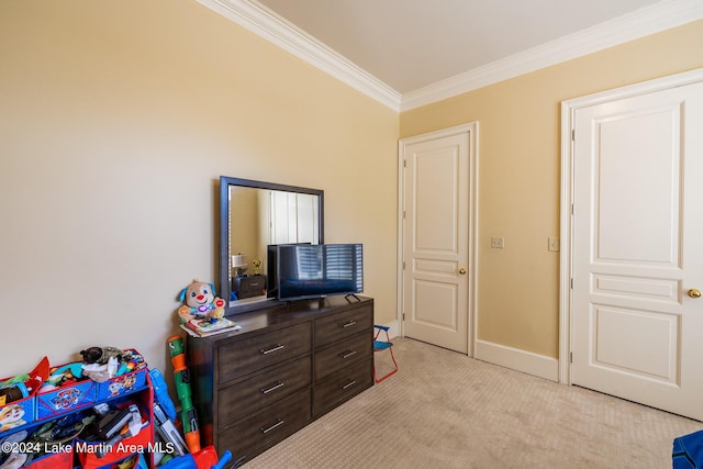 recreation room featuring crown molding and light carpet