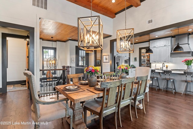 dining room with dark hardwood / wood-style floors, a chandelier, a high ceiling, wooden ceiling, and beamed ceiling