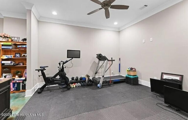 workout area with crown molding and ceiling fan