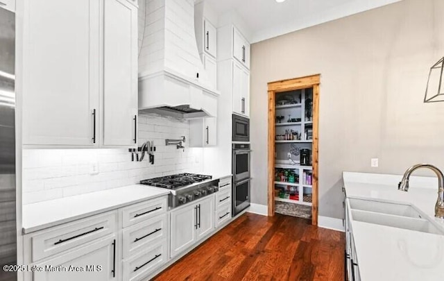 kitchen featuring premium range hood, appliances with stainless steel finishes, white cabinetry, sink, and decorative backsplash