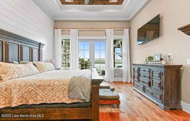 bedroom with access to exterior, a raised ceiling, and multiple windows