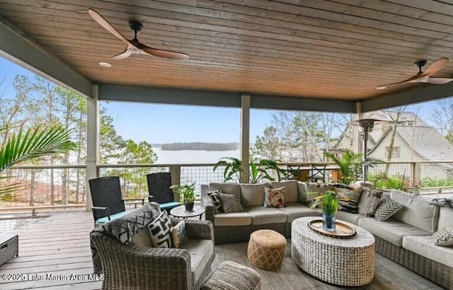 sunroom / solarium with wooden ceiling, ceiling fan, and a water view