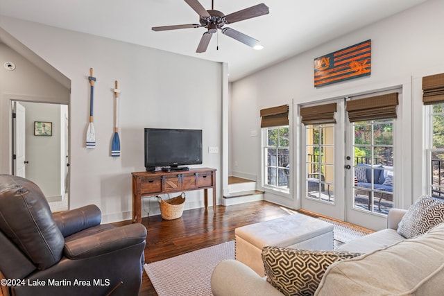 living room featuring ceiling fan and hardwood / wood-style floors