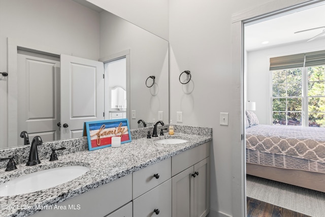 bathroom featuring wood-type flooring, vanity, and ceiling fan