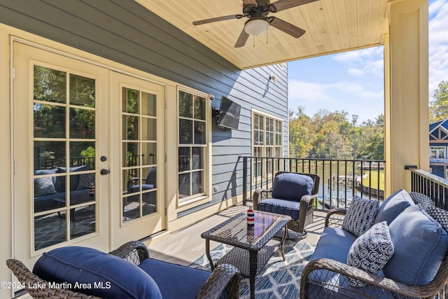 exterior space with ceiling fan and french doors