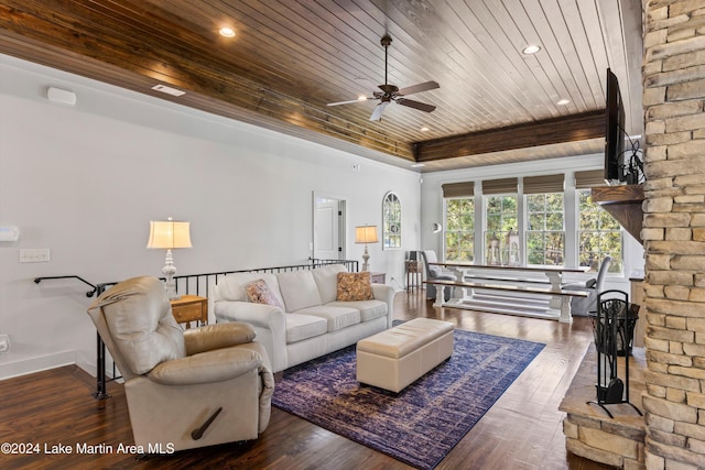 living room with ceiling fan, dark hardwood / wood-style flooring, and wooden ceiling