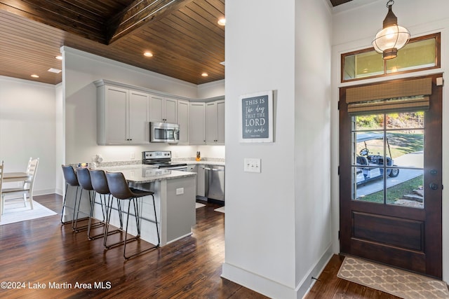 kitchen with decorative light fixtures, dark hardwood / wood-style flooring, stainless steel appliances, and wood ceiling