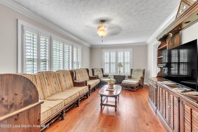 207 Mcdonald St, Dadeville, AL 36853 - living room featuring a ceiling fan, wood-type flooring, and crown molding