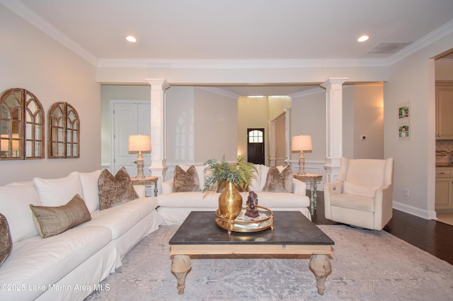 1520 Club Creek Dr, Auburn, AL 36830 - living area with decorative columns, crown molding, and wood finished floors