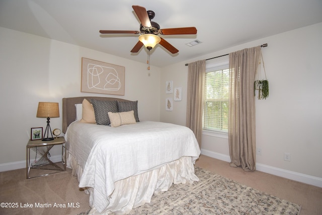 1520 Club Creek Dr, Auburn, AL 36830 - bedroom with baseboards, carpet flooring, visible vents, and a ceiling fan