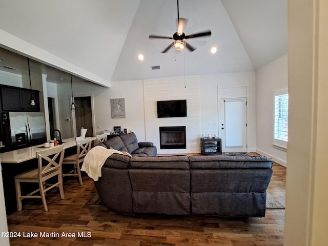 108 Williamson Trce, Tallassee, AL 36078 - living room featuring ceiling fan, dark hardwood / wood-style flooring, a fireplace, and high vaulted ceiling