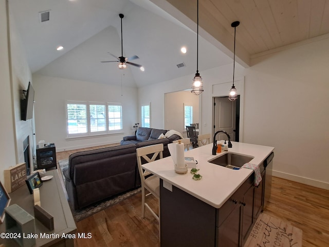 108 Williamson Trce, Tallassee, AL 36078 - kitchen featuring ceiling fan, sink, decorative light fixtures, hardwood / wood-style flooring, and a center island with sink