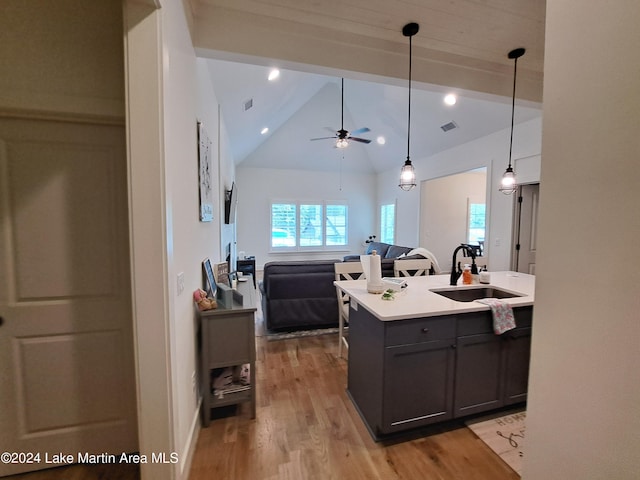 108 Williamson Trce, Tallassee, AL 36078 - kitchen featuring ceiling fan, sink, hanging light fixtures, a kitchen island with sink, and light wood-type flooring