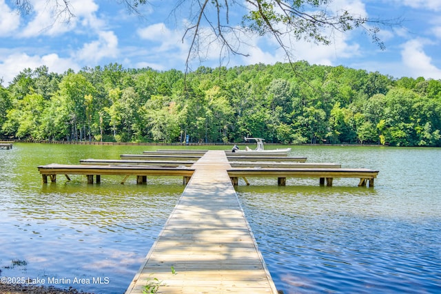 view of dock with a water view and a view of trees