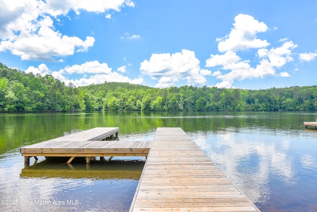 view of dock with a forest view and a water view