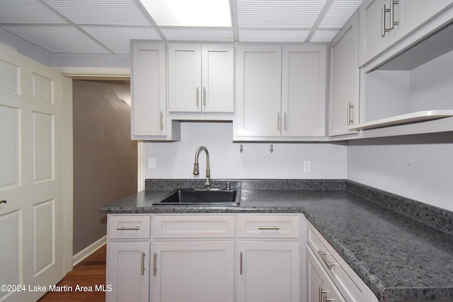 kitchen with white cabinetry, sink, and dark wood-type flooring