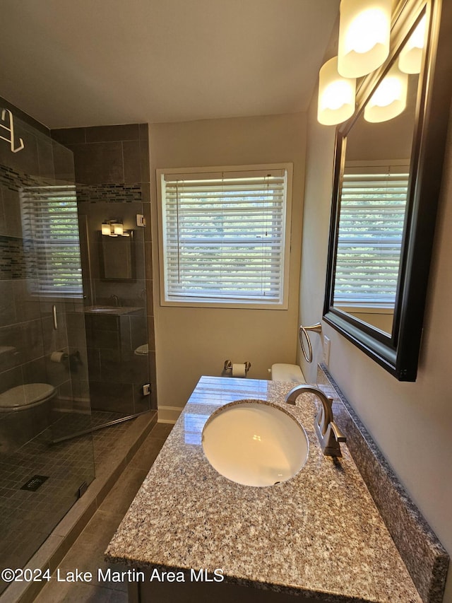 bathroom with vanity and walk in shower