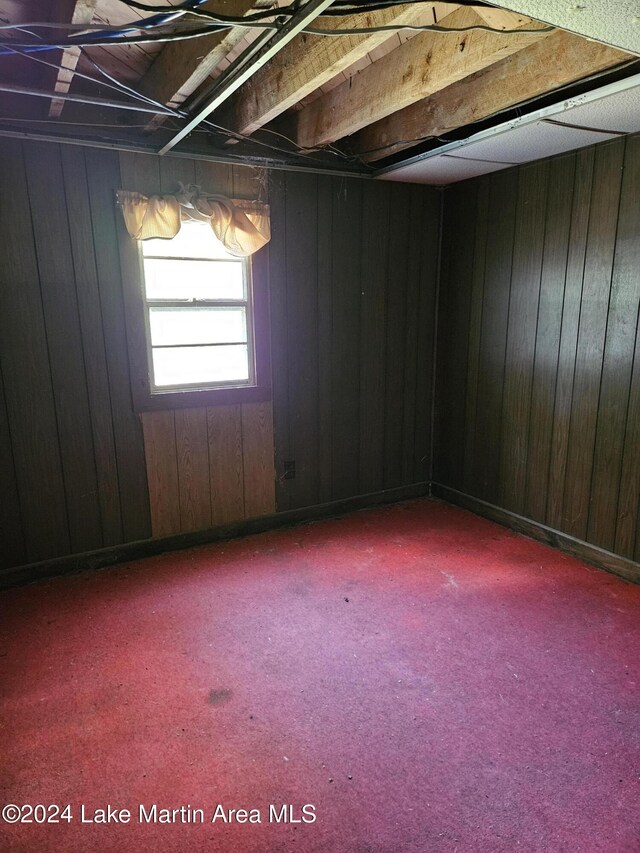 basement with carpet flooring and wood walls