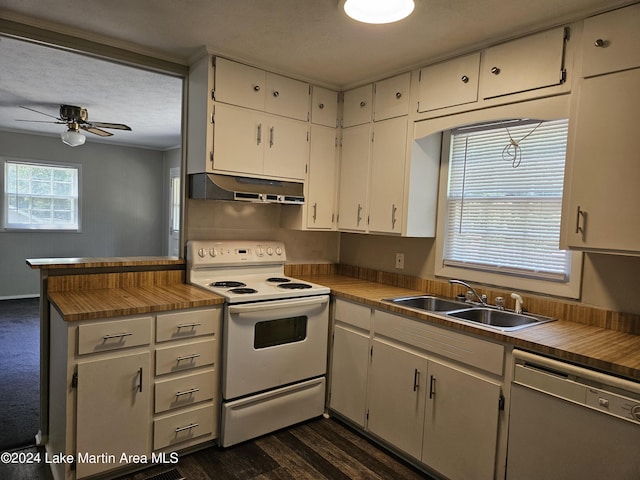 kitchen with ceiling fan, sink, dishwasher, white electric range, and dark hardwood / wood-style floors