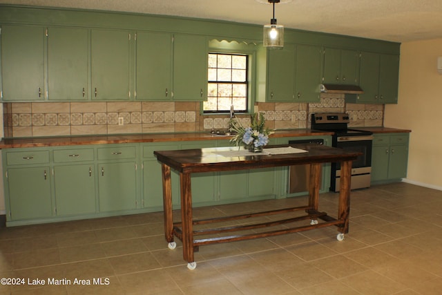 kitchen with green cabinetry, dishwasher, range with electric cooktop, and wooden counters