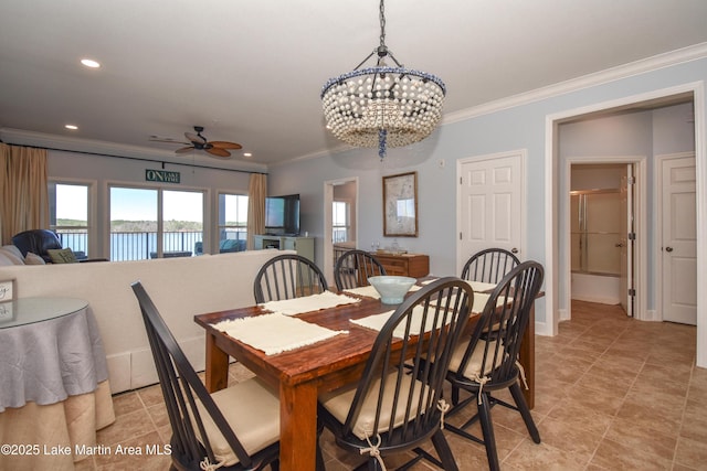 dining area with recessed lighting, crown molding, baseboards, and ceiling fan with notable chandelier