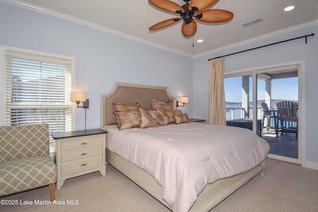 bedroom with recessed lighting, light carpet, visible vents, access to outside, and ornamental molding