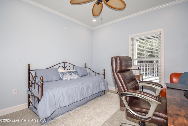 bedroom featuring baseboards, ceiling fan, ornamental molding, carpet, and recessed lighting