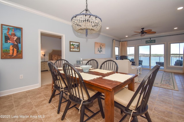 dining space featuring ornamental molding, recessed lighting, and baseboards