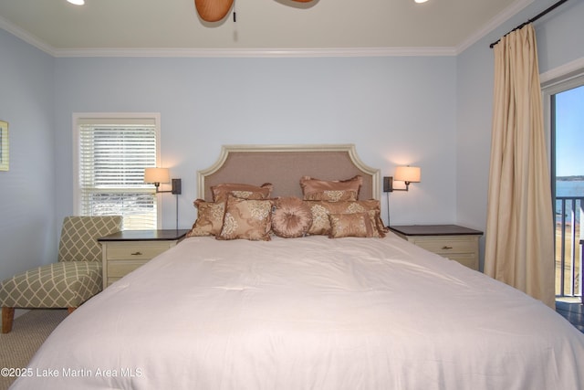 bedroom featuring ceiling fan, ornamental molding, and recessed lighting