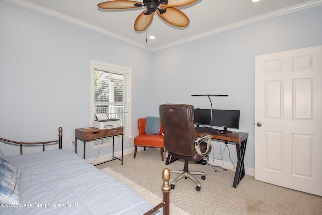 bedroom with baseboards, ornamental molding, carpet flooring, and recessed lighting