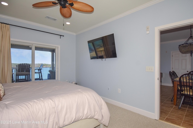 tiled bedroom featuring access to outside, ornamental molding, carpet flooring, and visible vents