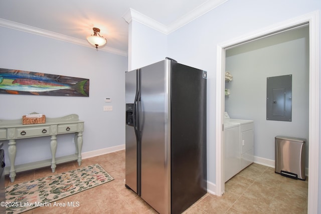 kitchen with stainless steel fridge, electric panel, baseboards, washer and clothes dryer, and crown molding