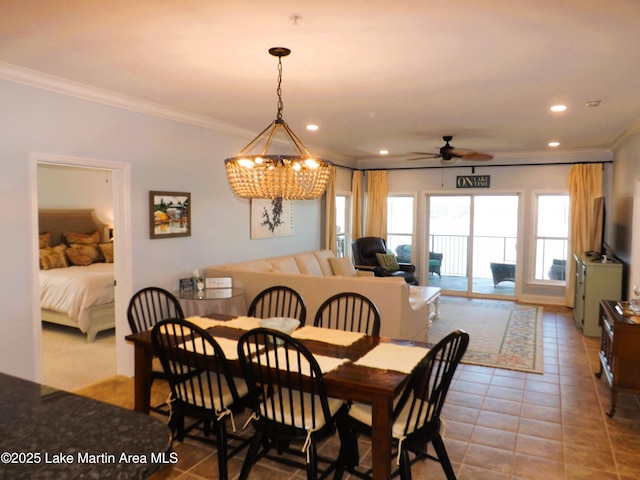 dining area with a ceiling fan, recessed lighting, crown molding, and tile patterned floors