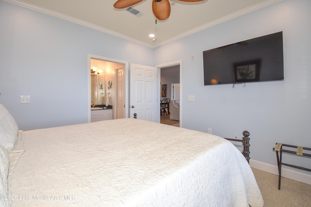 carpeted bedroom featuring baseboards, visible vents, a ceiling fan, connected bathroom, and crown molding