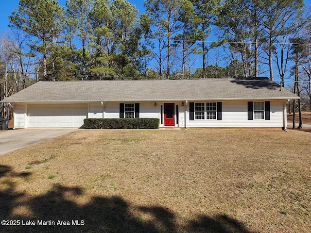 single story home with a garage and a front lawn