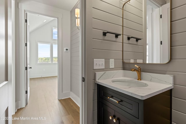 bathroom with baseboards, wood finished floors, and vanity