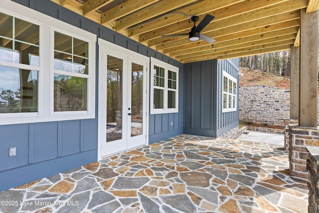 view of patio with ceiling fan and french doors