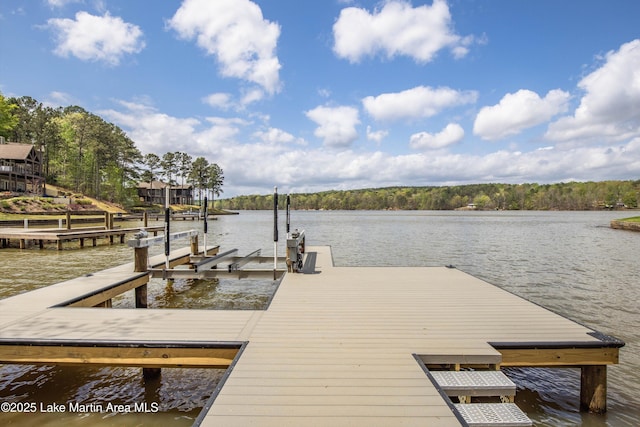 dock area with boat lift and a water view