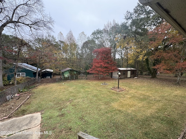 view of yard featuring a storage shed