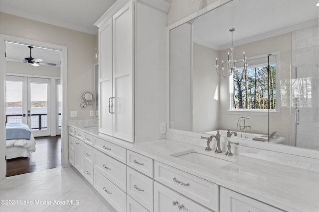 bathroom featuring hardwood / wood-style floors, independent shower and bath, ceiling fan, and crown molding