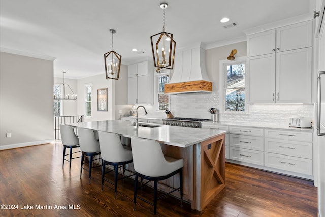 kitchen with sink, a kitchen island with sink, white cabinetry, and custom range hood